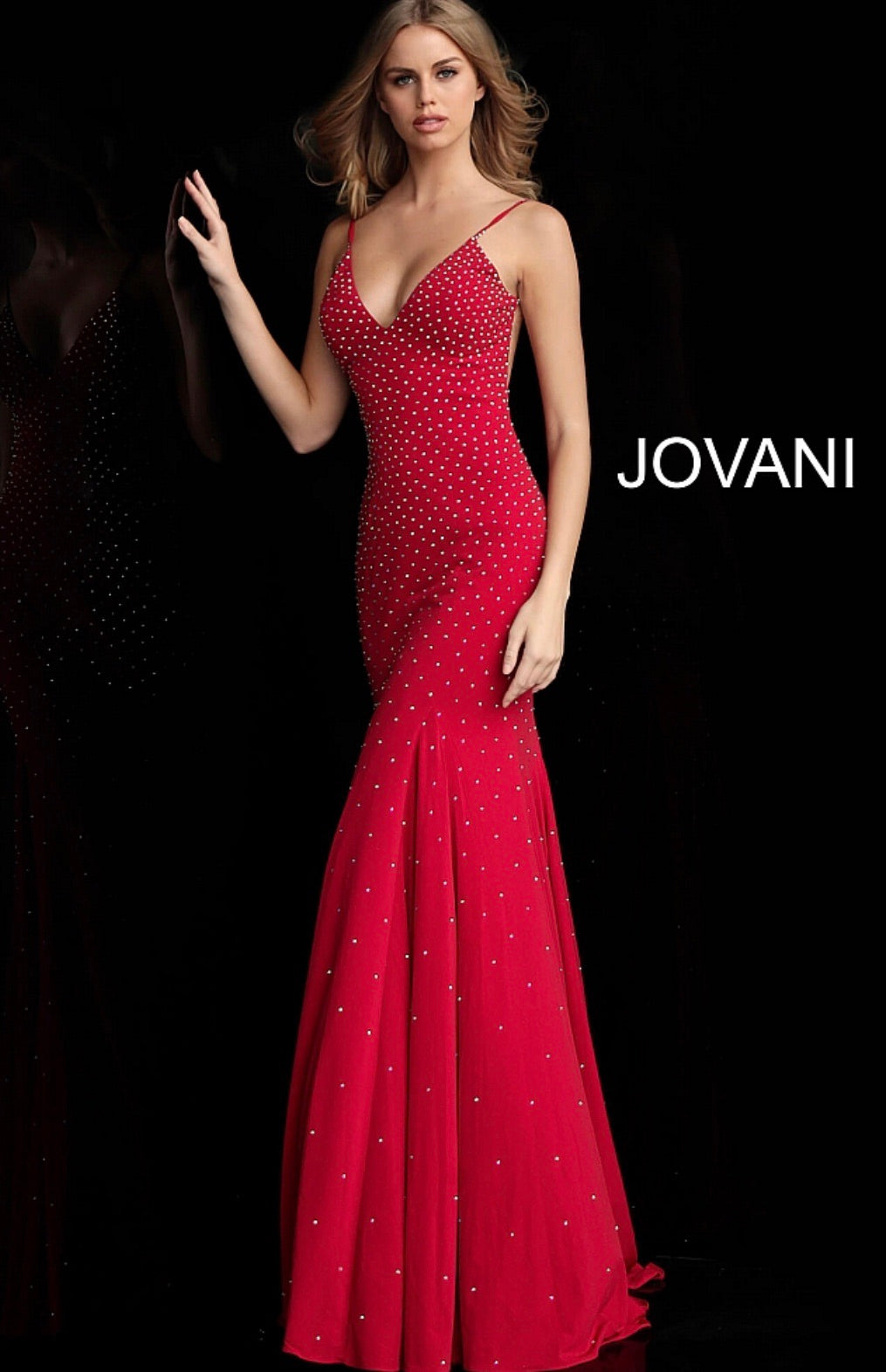 Jovani S00937 Beaded Satin Deep Plunging Neck Couture Dress